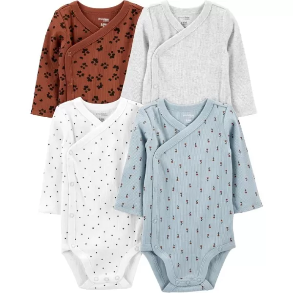 Simple Joys by Carters unisexbaby 4pack Side Snap BodysuitBlue FloralBrown Animal PrintLight GreyWhite Dots