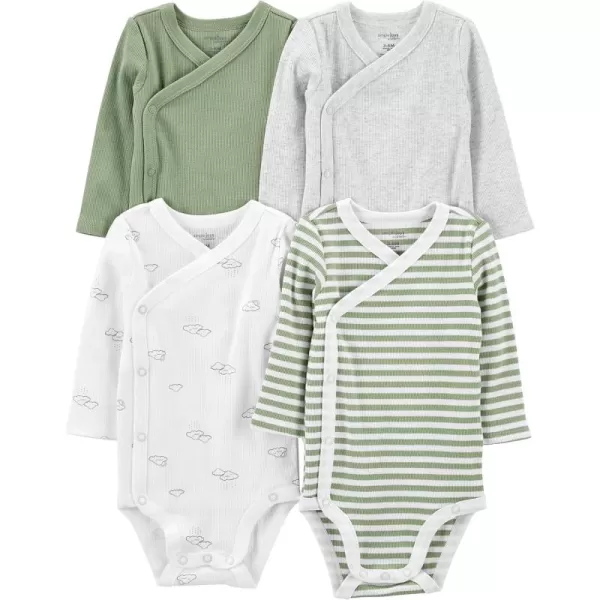 Simple Joys by Carters unisexbaby 4pack Side Snap BodysuitJade Green StripeLight GreyOliveWhite Clouds