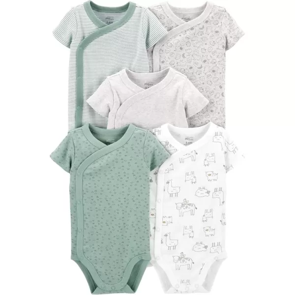 Simple Joys by Carters unisexbaby 5pack Side Snap Shortsleeve BodysuitGreenGrey Forest AnimalsLight Grey HeatherMint Green StripeWhite Llama