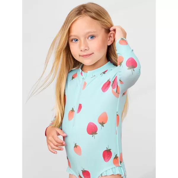 Simple Joys by Carters Girls Long Sleeve Zipper One Piece SwimsuitBlue Strawberries