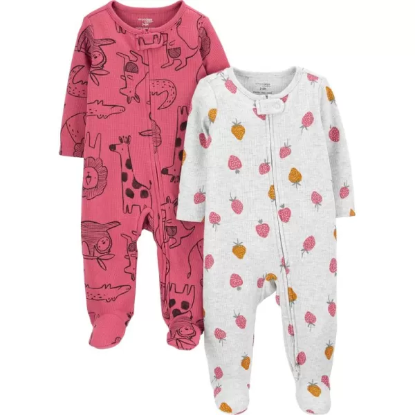 Simple Joys by Carters Baby Girls 2Way Zip Thermal Footed Sleep and Play Pack of 2Dark Rose Forest AnimalsGrey Strawberries