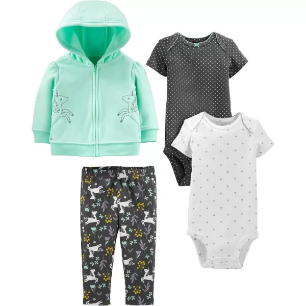 Simple Joys by Carters Baby Girls 4Piece Jacket Pant and Bodysuit SetBlack DotsMint Green UnicornWhite SnowflakeFloral