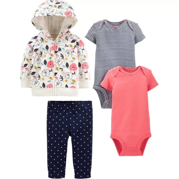 Simple Joys by Carters Baby Girls 4Piece Jacket Pant and Bodysuit SetCoral PinkEcru FloralNavy DotsStripe