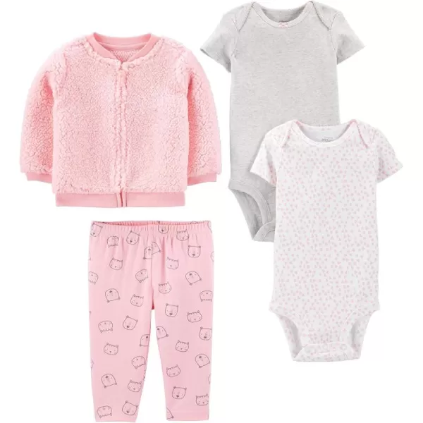 Simple Joys by Carters Baby Girls 4Piece Jacket Pant and Bodysuit SetGreyPinkWhite HeartsCat