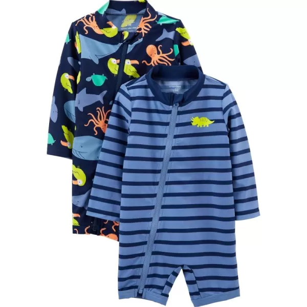 Simple Joys by Carters Boys 2Pack 1Piece Zip RashguardsNavy Sea FriendsPurple Stripe