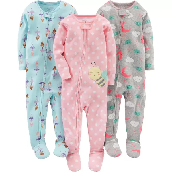 Simple Joys by Carters Girls 3Pack Snug Fit Footed Cotton PajamasBallerinaBeesMoon