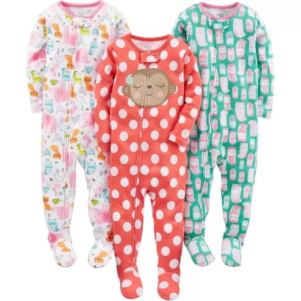 Simple Joys by Carters Girls 3Pack Snug Fit Footed Cotton PajamasGreen OwlLight Pink AnimalOrange Dots