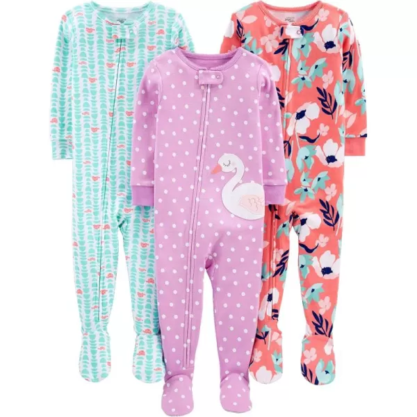 Simple Joys by Carters Girls 3Pack Snug Fit Footed Cotton PajamasLight Purple SwanMint Green TurtleOrange Floral