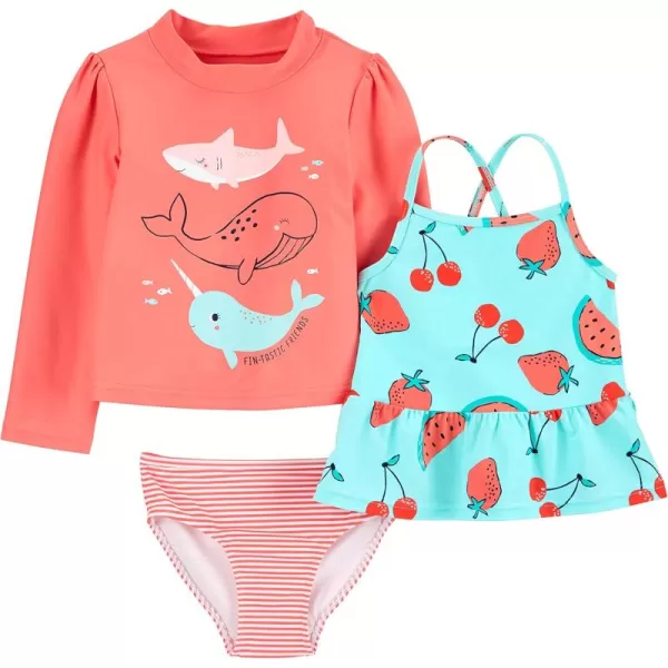 Simple Joys by Carters Girls 3Piece Assorted Rashguard Sets Orange Sea LifeRed FruitStripe 12 Months