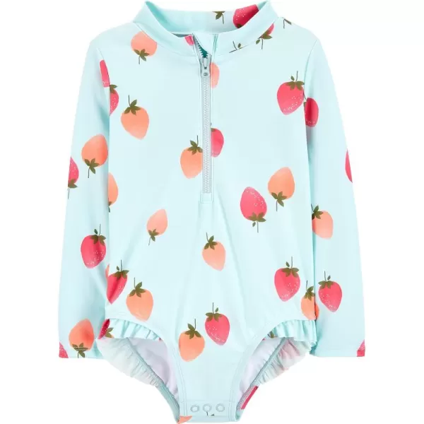 Simple Joys by Carters Girls Long Sleeve Zipper One Piece SwimsuitBlue Strawberries