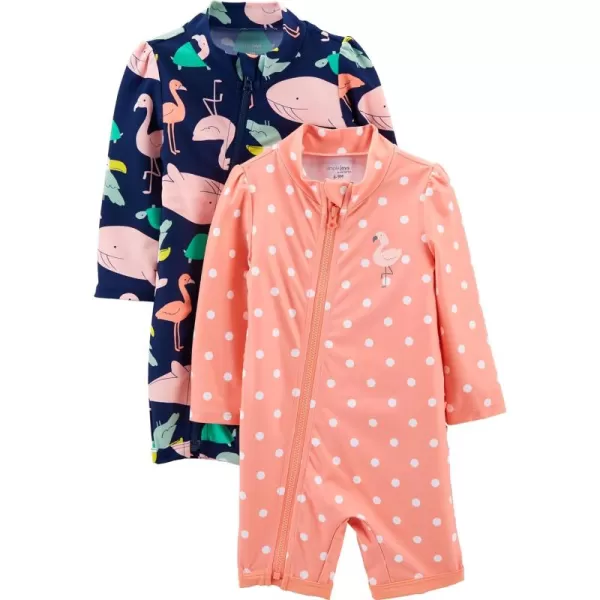 Simple Joys by Carters Toddlers and Baby Girls 1Piece Zip Rashguards Pack of 2Navy Sea FriendsPeach Dots