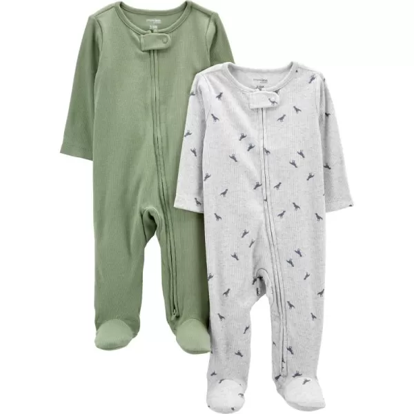 Simple Joys by Carters Unisex Baby 2Pack 2Way Zip Textured Sleep and PlayGrey DinosaurSage Green