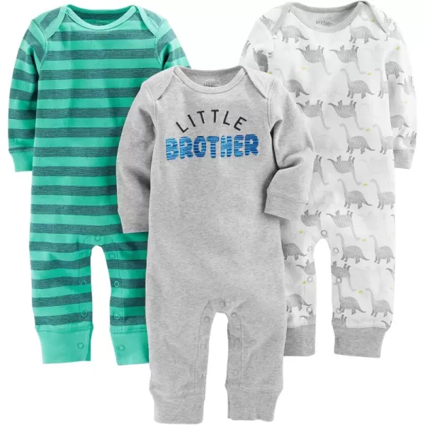 Simple Joys by Carters babyboys 3pack JumpsuitsGreen Rugby StripeGrey HeatherWhite Dinosaur