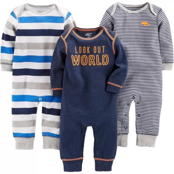 Simple Joys by Carters babyboys 3pack JumpsuitsGrey Heather Rugby StripeNavy Text PrintWhite Stripe