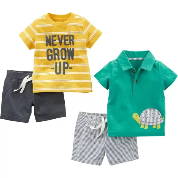 Simple Joys by Carters babyboys 4piece Playwear SetDark GreyGreen TurtleWhite StripeYellow Double Stripe