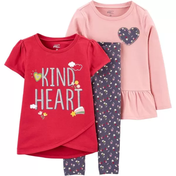 Simple Joys by Carters babygirls 3piece Playwear SetDark Grey FloralPink HeartsRed Text Print