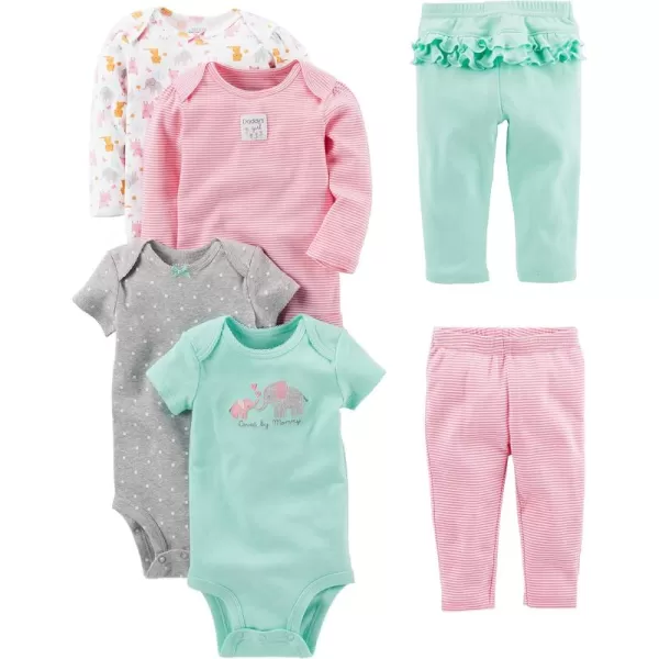 Aqua Green Elephant/Grey Dots/Pink Stripe/White Forest Animals