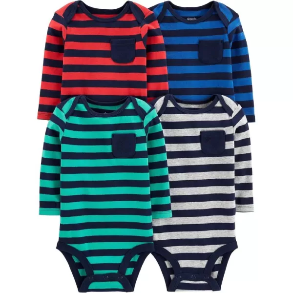 Simple Joys by Carters unisexbaby 4pack Longsleeve BodysuitBlueMint GreenGreyRed Stripe