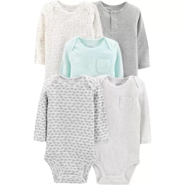 Simple Joys by Carters unisexbaby 5pack Longsleeve BodysuitAqua Blue StripeGrey HeatherWhite HeatherBearElephants