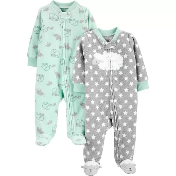 Simple Joys by Carters Baby 2Pack Neutral Fleece Footed Sleep and PlayGrey StarsMint Green Elephant