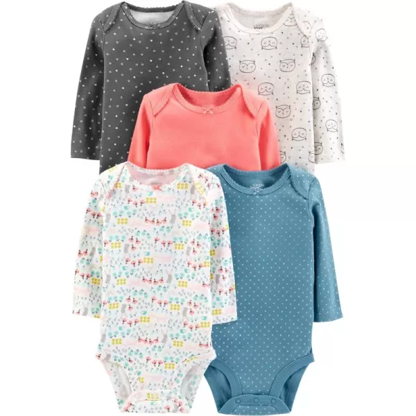 Simple Joys by Carters Baby Girls LongSleeve Bodysuit Pack of 5DotsFloralHeartsOwl