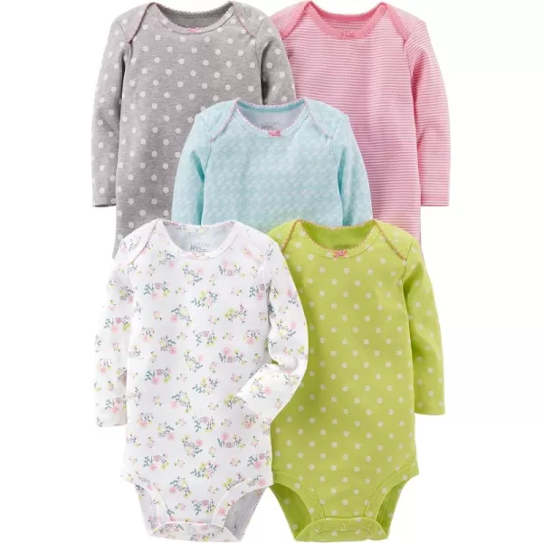 Simple Joys by Carters Baby Girls LongSleeve Bodysuit Pack of 5Lime GreenLight BluePink