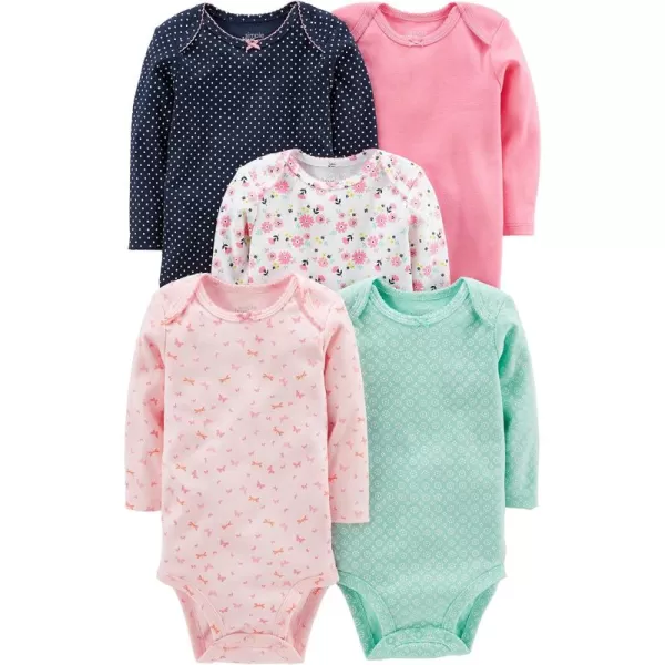 Simple Joys by Carters Baby Girls LongSleeve Bodysuit Pack of 5Mint GreenNavy DotsPinkButterfliesFloral