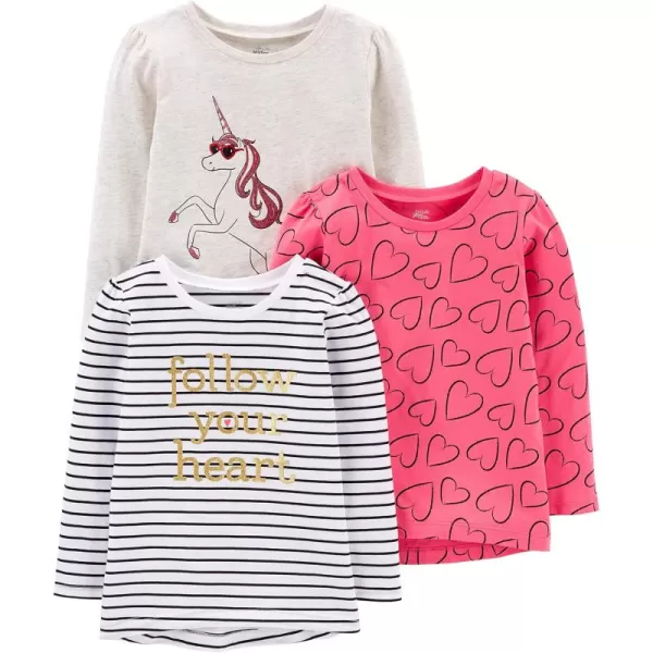 Simple Joys by Carters Girls 3Pack Graphic LongSleeve TeesHeartsStripeUnicorn