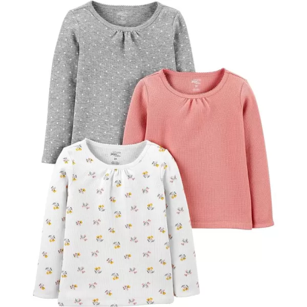 Simple Joys by Carters Girls LongSleeve Shirts Pack of 3Grey DotsPeachWhite Floral