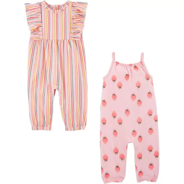 Simple Joys by Carters babygirls 2pack Fashion JumpsuitsPink StrawberriesWhite Vertical Stripe