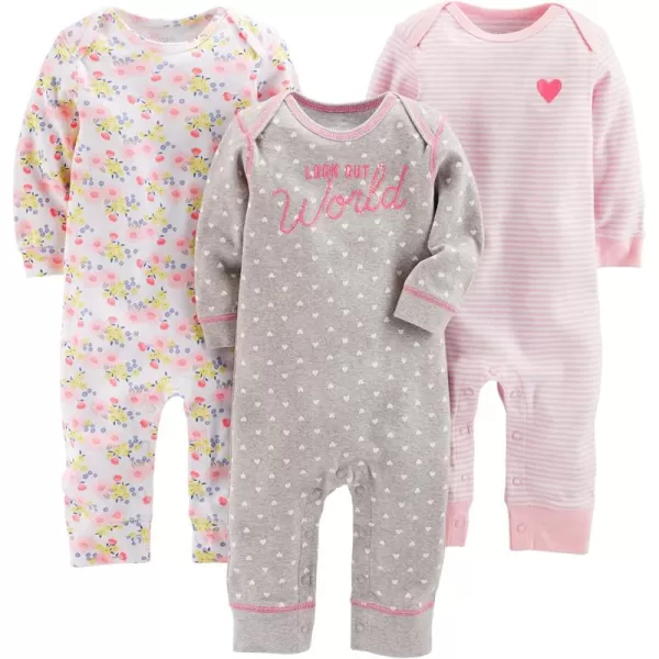 Simple Joys by Carters babygirls 3pack JumpsuitsGrey HeartsPink FloralWhite Stripe