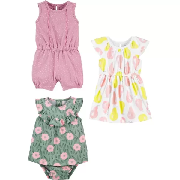 Simple Joys by Carters babygirls 3pack Romper Sunsuit and DressDotsFlowersPears