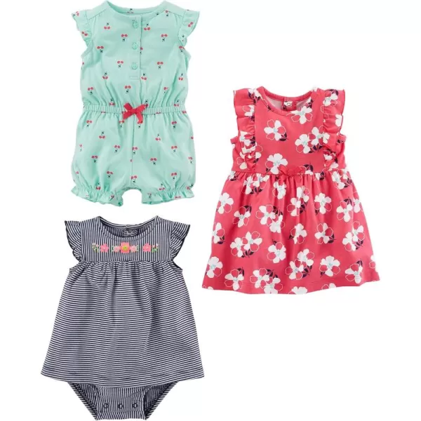 Simple Joys by Carters babygirls 3pack Romper Sunsuit and DressMint Green CherryNavy StripePink Floral