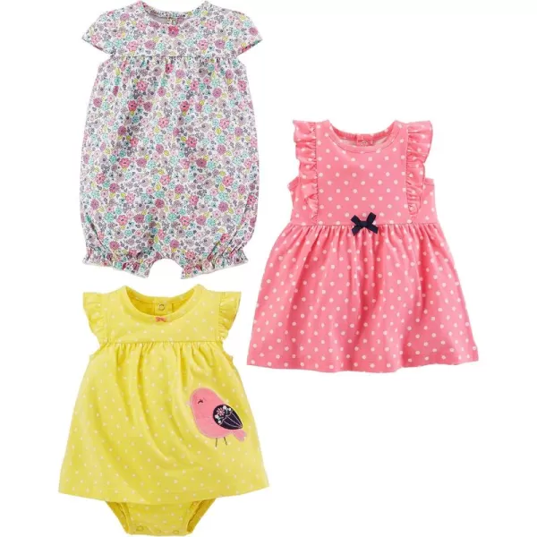 Simple Joys by Carters babygirls 3pack Romper Sunsuit and DressPink DotsWhite FloralYellow Bird