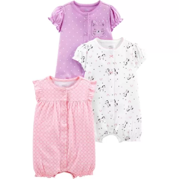 Simple Joys by Carters babygirls 3pack Snapup RompersLight PinkLilac DotsWhite Unicorn