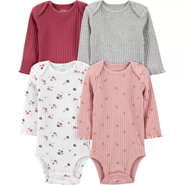 Simple Joys by Carters babygirls 4pack Longsleeve Textured BodysuitsDusty PinkGreyLight BurgundyWhite Floral