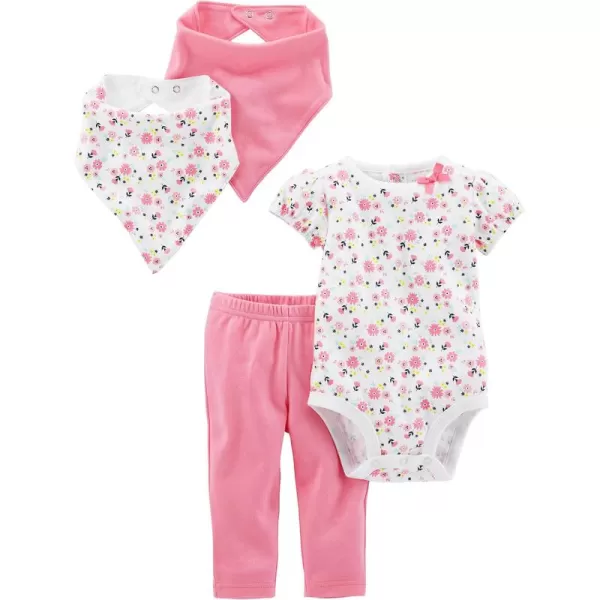 Simple Joys by Carters unisexbaby 4piece Bodysuit Pant and Bibs SetPinkWhite Floral