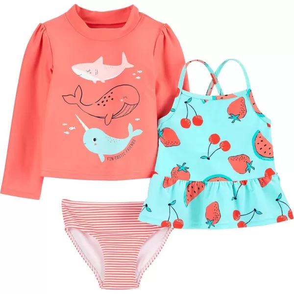 Simple Joys by Carters Girls 3Piece Assorted Rashguard Sets Orange Sea LifeRed FruitStripe 2T