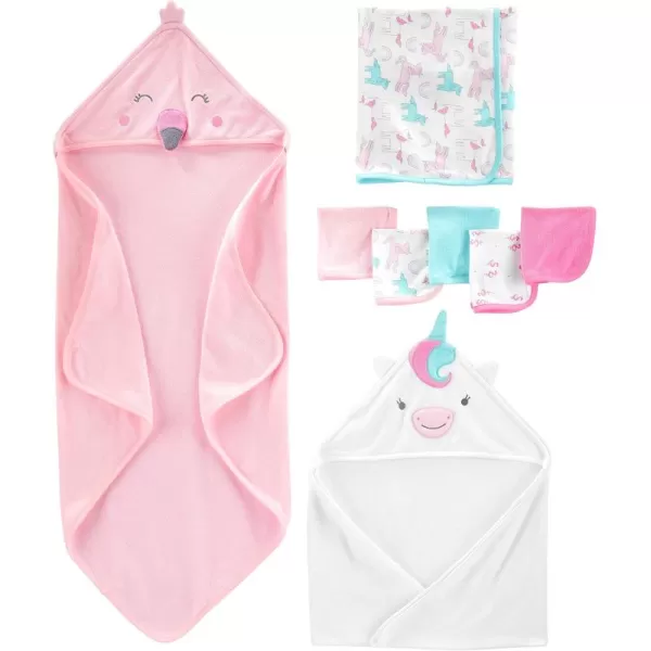 Simple Joys by Carters Unisex Babies 8Piece Towel and Washcloth Set MultipacksPink FlamingoWhite Unicorn