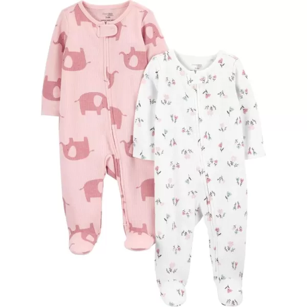 imageSimple Joys by Carters Baby Girls 2Way Zip Thermal Footed Sleep and Play Pack of 2Pink ElephantWhite Floral