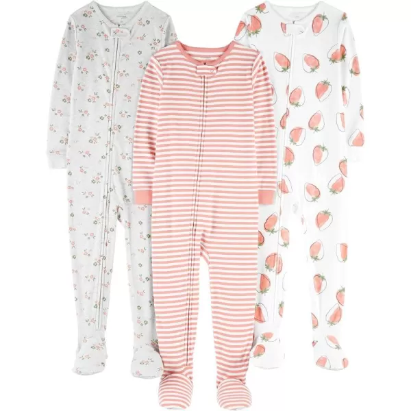 imageSimple Joys by Carters Girls 3Pack Snug Fit Footed Cotton PajamasGrey FloralPink StripeWhite Strawberries