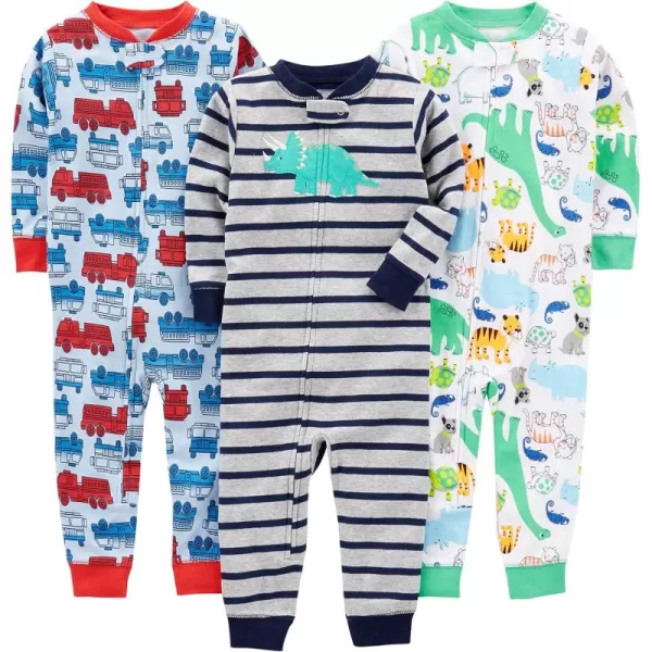 imageSimple Joys by Carters Kids 3Pack Snug Fit Footless Cotton PajamasBlue FiretruckGrey StripeWhite Dinosaur