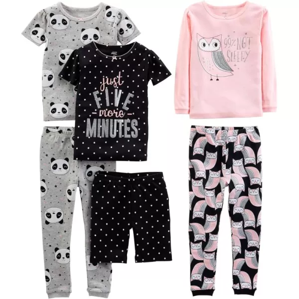 imageSimple Joys by Carters Girls 6Piece Snug Fit Cotton Pajama SetBlack DotsGrey PandaPink Owl