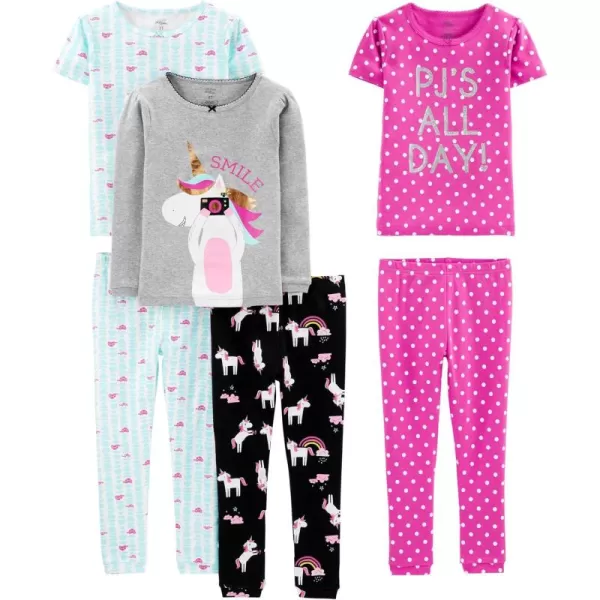 imageSimple Joys by Carters Girls 6Piece Snug Fit Cotton Pajama SetBlack UnicornBlue TortoiseGrey HeatherPink Polka Dot