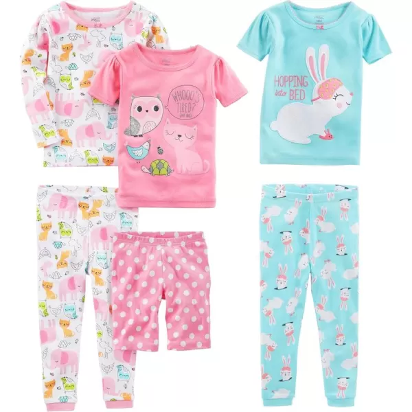 imageSimple Joys by Carters Girls 6Piece Snug Fit Cotton Pajama SetBlue BunnyPink DotsWhite Forest Animals