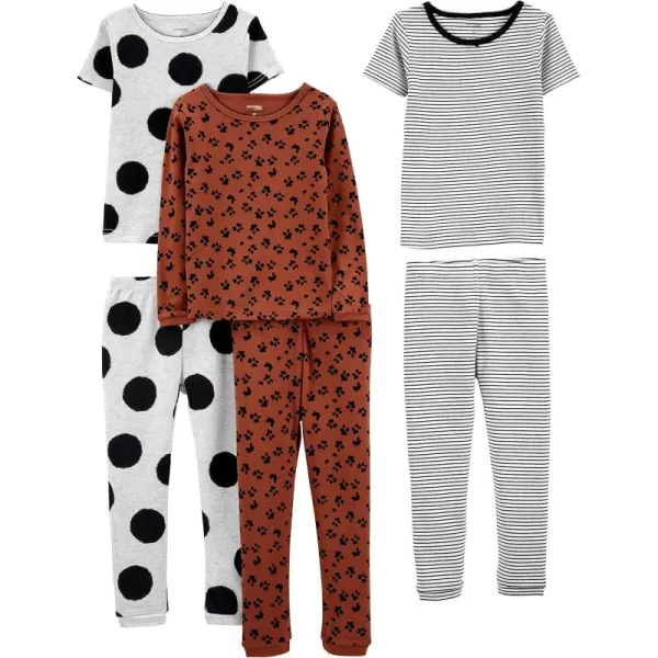 imageSimple Joys by Carters Girls 6Piece Snug Fit Cotton Pajama SetBrown Animal PrintGrey Polka DotWhite Stripe