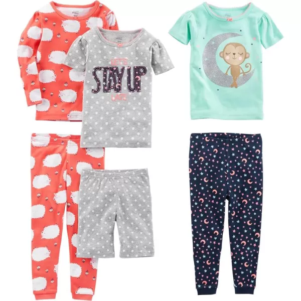 imageSimple Joys by Carters Girls 6Piece Snug Fit Cotton Pajama SetCoral Orange SheepGreen MonkeyGrey DotsNavy Stars