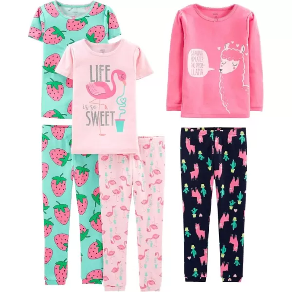 imageSimple Joys by Carters Girls 6Piece Snug Fit Cotton Pajama SetGreen StrawberriesPink FlamingoRose Llama PrintNavy