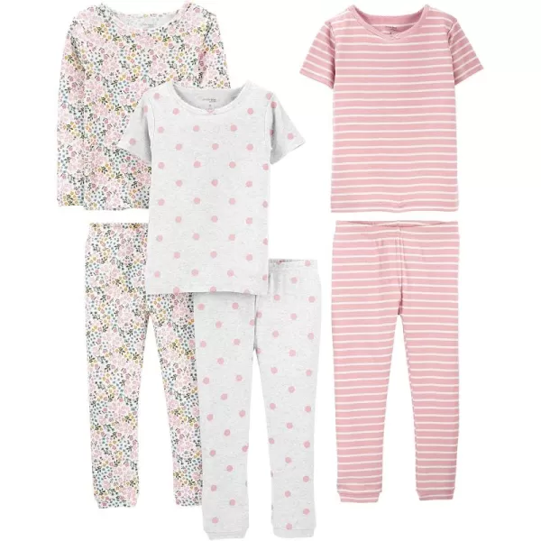 imageSimple Joys by Carters Girls 6Piece Snug Fit Cotton Pajama SetGrey DotsPink StripeWhite Ditsy Floral