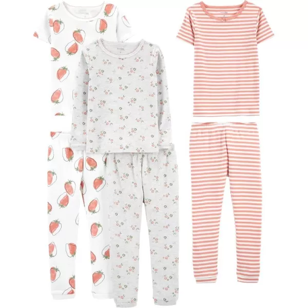 imageSimple Joys by Carters Girls 6Piece Snug Fit Cotton Pajama SetGrey FloralPink StripeWhite Strawberry